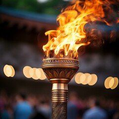 Wall Mural - close up of the olympic torch lit with a vibrant flame representing the spirit of the games