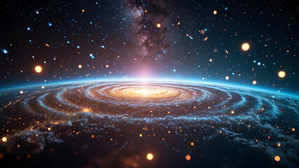 Wall Mural - view from space to a spiral galaxy and stars. universe filled with stars, nebula and galaxy.