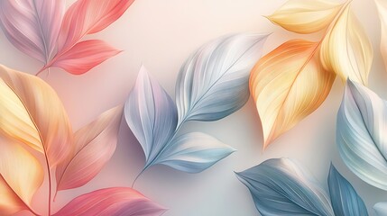 Canvas Print - A modern pastel illustration of stylized tropical leaves, soft colors like dusty rose, light yellow, and pale blue, overlapping leaves with delicate shadows, minimalist design with clean lines,