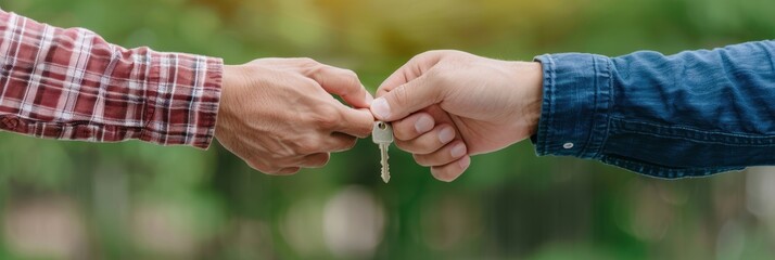 Hands exchanging keys, symbolizing a transaction or new beginnings against a green background, depicting trust and agreement.