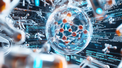 Poster - 3D molecular structure with digital elements on abstract background.