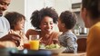 © Lion - Family gathered, smiling while sharing juice, clean image with minimal distractions.