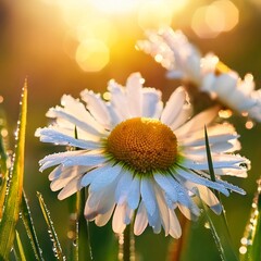 Wall Mural - beautiful daisies in drops of dew in the sun