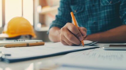 Person writing notes at desk with construction tools. Planning and organizing concepts for work or study in a sunlit workspace.