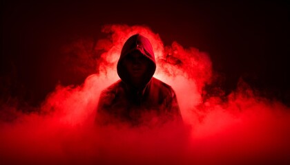Wall Mural - a hooded figure emerges menacingly from thick red fog with a dark background creating a mysterious a