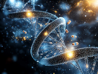 Poster - Abstract representation of DNA strands with luminous particles and capsules.