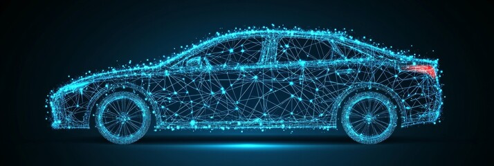 Aufkleber - Futuristic digital car icon on blue tech background featuring lines, dots, and triangles