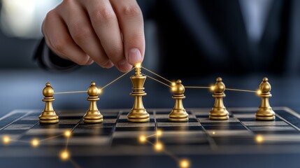 Poster - Business Strategy with Golden Chess - Leader Connects, Vision, Planning, and Success