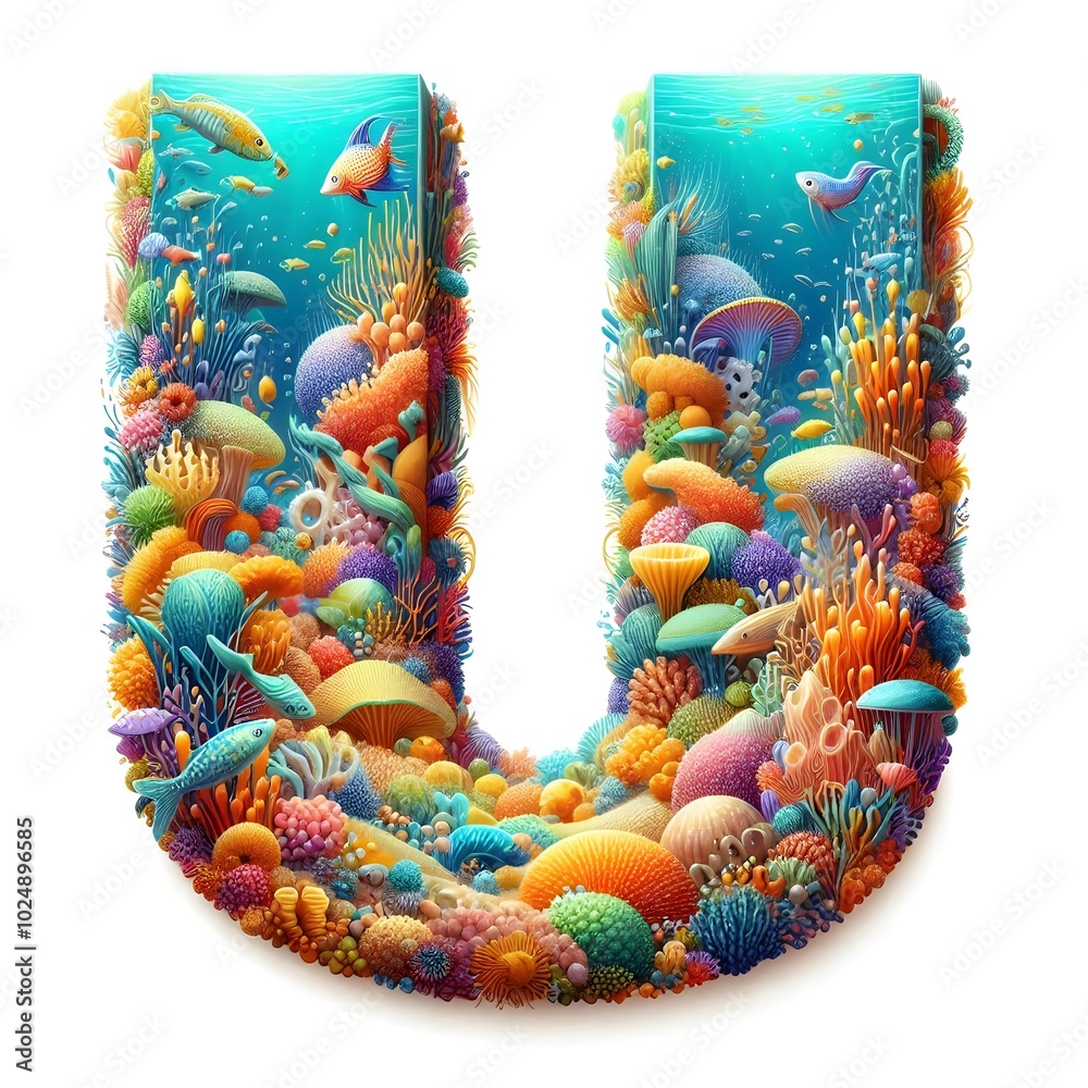 Letter U coral reef design, vibrant underwater alphabet, colorful ...