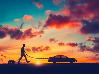 Aufkleber - Man Pulling Car Against Sunset Landscape