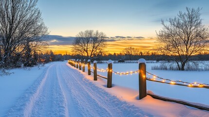 Poster - Winter Sunset Over Snowy Pathway with Lights