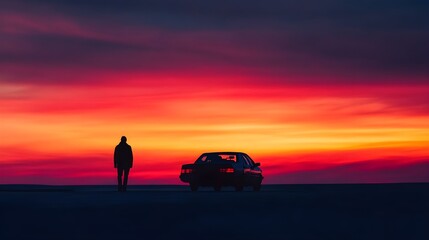 Poster - Solitary Figure Against Sunset with Car Silhouette