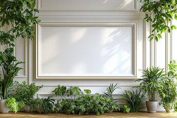 A white wall with a large frame and a green plant in the foreground. The wall is bare and the plant is the only thing that adds color to the room