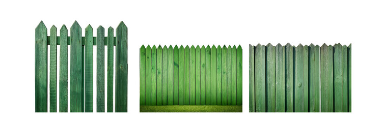Poster - Green wooden fence with pointed tops isolated on white.