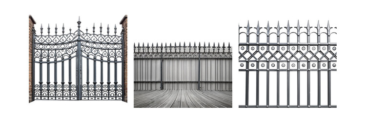 Poster - A black metal gate and fence with ornate details, partially closed, is set against a brick wall and a wooden deck.