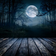 Wall Mural - spooky halloween background with empty wooden planks dark horror background