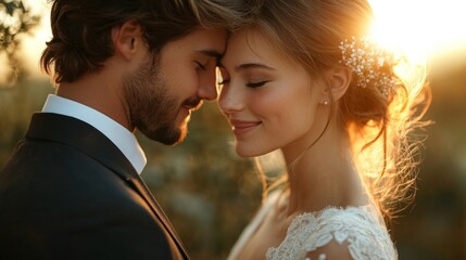 A man and woman are embracing each other in a field