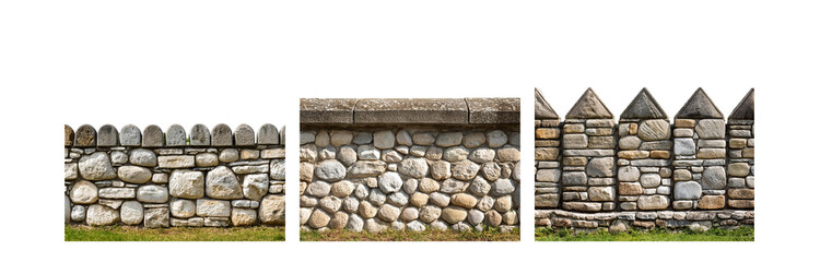 Poster - A stone wall with three different designs, featuring large stones and a flat top.