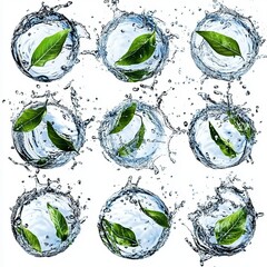 Aufkleber - Cut-out set of fresh green leaves splashing in water