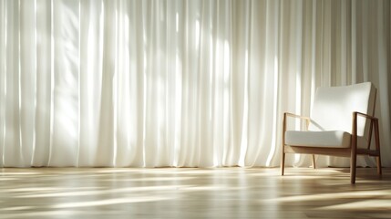 A bright room featuring a comfortable chair placed in front of soft, flowing white curtains, casting gentle shadows, representing peacefulness and modern elegance.