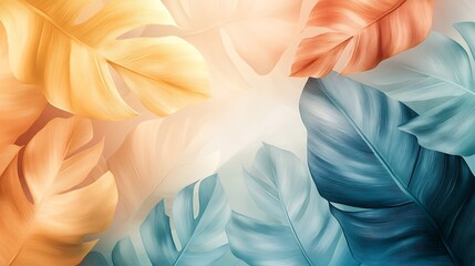 Canvas Print - Abstract illustration of pastel tropical leaves, featuring banana and monstera leaves in soft gradients of pastel yellow, teal, and coral, floating leaves overlapping with delicate shadows,