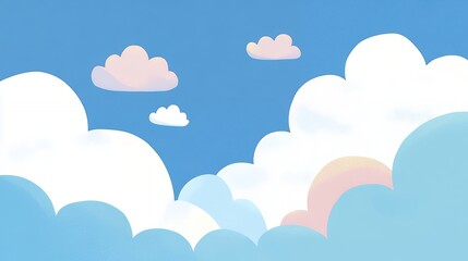 Wall Mural - Simple pastel clouds against a bright blue sky with shades of white, pink, yellow, and blue. Minimalistic hand-drawn cloudscape illustration. Design for greeting card, wallpaper, and poster.