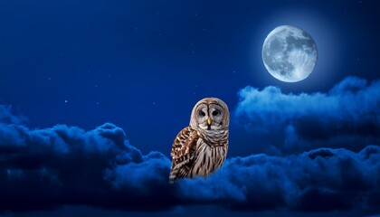 Wall Mural - a quiet night a bright moon rising over the clouds illuminates the darkness and a barred owl sits mo