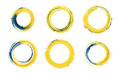 yellow and blue brush stroke set, circle and oval lines, isolated, stylized paint