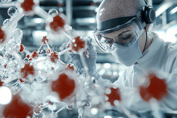 Poster - Scientist working with molecular models in laboratory, focused and professional.