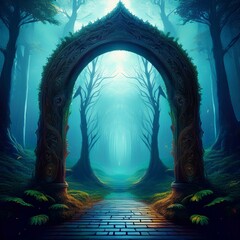 Wall Mural - archway in an enchanted fairy forest landscape misty dark mood can be used as background