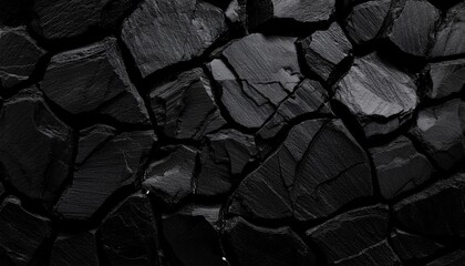 Wall Mural - volumetric rock texture with cracks black stone background with copy space for design wide banner