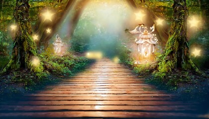 Wall Mural - enchanted forest path a dreamy world with a magical genie fantasy whimsical magic and sparkling ligh