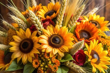 Wall Mural - Vibrant bouquet of sunflowers and autumnal flowers with wheat stalks thanksgiving