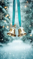 Golden Christmas bells hanging from a turquoise ribbon, with a snowy forest in the background, copy space, Merry Christmas