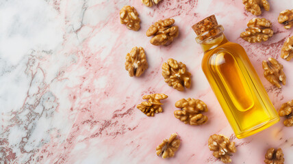 Wall Mural - Top-view of walnut oil in glass bottle with scattered walnut kernels on pink marble surface with copy space. Concept of premium culinary and cosmetic applications, photo for food blog or advertisement