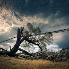 Wall Mural - a tree has fallen on a power line and the sky is cloudy