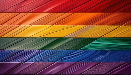 Poster - Colorful Stacked Wooden Panels in a Rainbow Gradient Representing the LGBTQ Pride Flag. Vibrant Multicolored Timber for Inclusive Interior Design, Artistic Installations, and Modern Decorative Concept