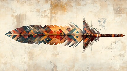 Canvas Print - Bohemian-themed illustration of a stylized feather and arrow, detailed with geometric patterns, muted earthy colors like sienna, olive, and rust, subtle texture overlay,