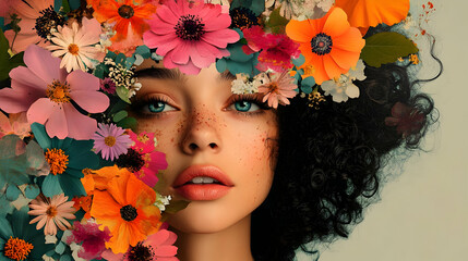 A portrait of a woman adorned with vibrant floral elements.