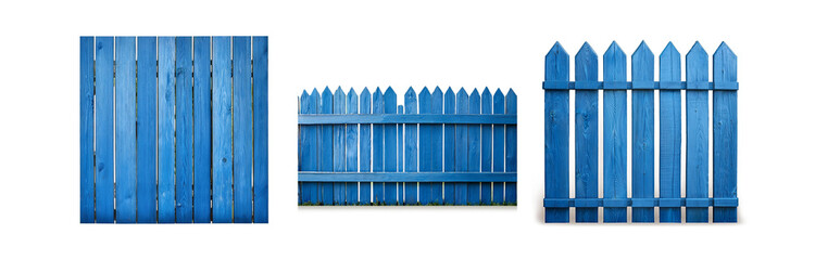 Poster - Three sections of a blue wooden fence, isolated on a white background.