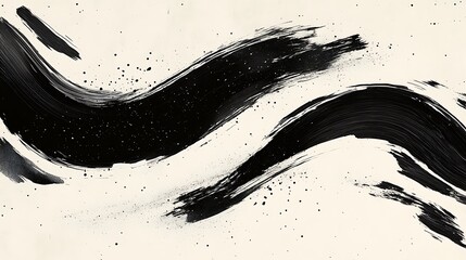 Poster - Modern Japanese ink brush stroke design with overlapping curved lines, bold black strokes of varying thickness, placed on a neutral beige background,