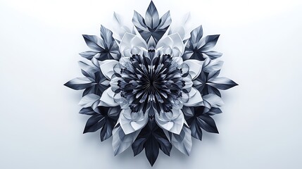 Sticker - Modern mandala with geometric shapes, crisp lines, and monochrome color palette of black, gray, and white, symmetrical layout with sharp details, placed on a solid white background, minimalist design,