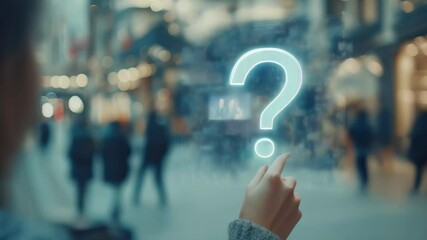 Poster - Businesswoman is touching a holographic projection of a question mark while standing in a busy city center. The image evokes concepts such as frequently asked questions and problem solving