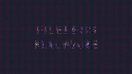 Cybersecurity concept fileless malware on foreground screen, ASCII style in a code development editor. Vulnerability and attack on colored code editor. Text in English, English text