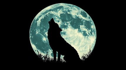 Sticker - Silhouette of a howling wolf, solid black color, positioned against a full moon with a soft blue gradient, clean lines and sharp details, minimalistic yet striking design,