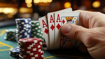 A hand holding three aces on a green felt table with poker chips.