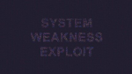 Cybersecurity concept system weakness exploit on foreground screen, ASCII style in a code development editor. Vulnerability and attack on colored code editor. Text in English, English text