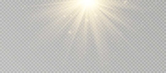 Yellow glowing light explodes on a transparent background. Sparkling magical dust particles. Bright Star. Transparent shining sun, bright flash. Vector sparkles.