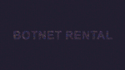 Cybersecurity concept botnet rental on foreground screen, ASCII style in a code development editor. Vulnerability and attack on colored code editor. Text in English, English text