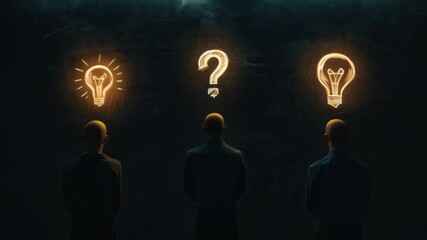 Poster - Three businessmen standing in front of a blackboard with light bulbs drawn above their heads, one of them has a question mark instead, symbolizing the search for a solution